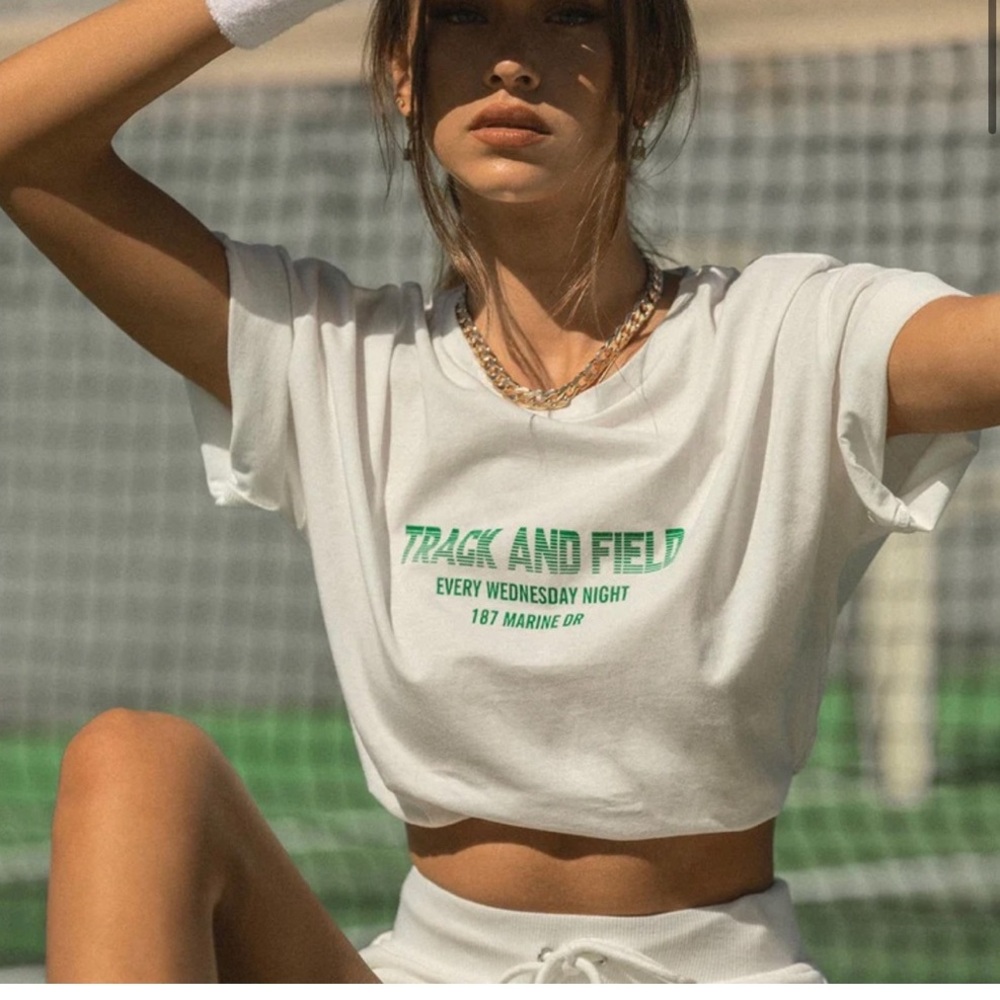 Princess Polly White Logo Track & Field Sporty Vintage TShirt Logo Athletic Top